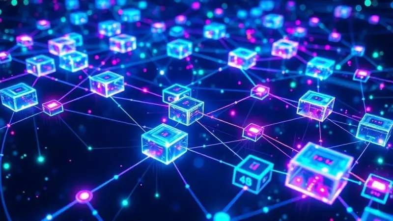 شبكة رقمية نابضة بالحياة مع كتل مترابطة، تمثل تقنية البلوكتشين، تتوهج بتدفقات البيانات. في الخلفية، تظهر تمثيلات مجردة للعقود الذكية التي تنفذ التعليمات البرمجية وتطبيقات واقعية متنوعة مثل الرسوم البيانية المالية ولوجستيات سلسلة التوريد.