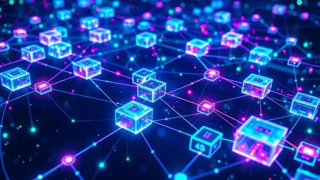 شبكة رقمية نابضة بالحياة مع كتل مترابطة، تمثل تقنية البلوكتشين، تتوهج بتدفقات البيانات. في الخلفية، تظهر تمثيلات مجردة للعقود الذكية التي تنفذ التعليمات البرمجية وتطبيقات واقعية متنوعة مثل الرسوم البيانية المالية ولوجستيات سلسلة التوريد.