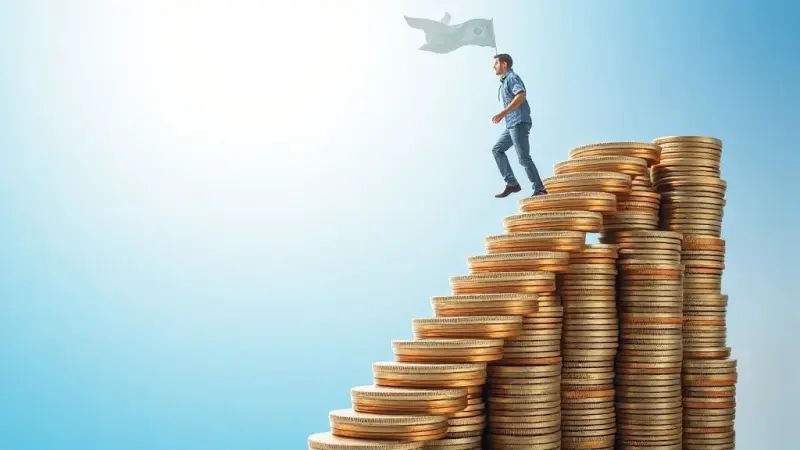 صورة تجريدية تظهر شخصاً يتسلق درجاً مصنوعاً من العملات الورقية والمعدنية، يتجه نحو سماء مشرقة وواسعة، ترمز إلى الحرية المالية والنمو.