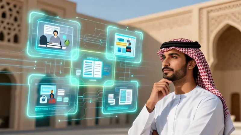 شخص في الشرق الأوسط يتأمل شاشات رقمية مضيئة متعددة، كل منها يمثل مصدراً مختلفاً للدخل مثل العمل الحر، التجارة الإلكترونية، والمنتجات الرقمية. يجمع الإعداد بين العمارة العربية التقليدية وعناصر التكنولوجيا الحديثة، ليرمز إلى مزيج الثقافة المحلية والفرص الرقمية العالمية.