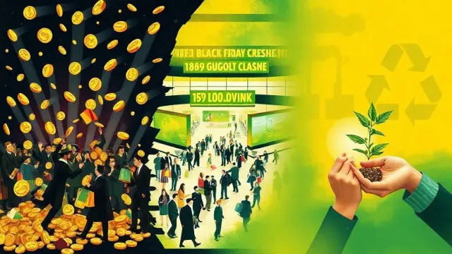 رسم توضيحي تجريدي نابض بالحياة يصور تطور الجمعة السوداء. على أحد الجانبين، مشهد فوضوي لعملات ذهبية تتساقط وأشخاص يرتدون ملابس قديمة في حالة هياج، يمثل انهيار الذهب عام 1869. في المنتصف، مركز تسوق حديث صاخب بحشود وحقائب تسوق وشاشات رقمية تعرض خصومات، مع تحول تدريجي للألوان إلى الأصفر والأخضر. وعلى الجانب الآخر، عناصر خفية تشير إلى الأثر البيئي، مثل دخان المصانع وضبابية رموز إعادة التدوير، مع أيدٍ تحمل نبتة واحدة. تتغير الألوان من الداكنة والخافتة إلى الأصفر والأبيض الزاهي، ثم إلى الأخضر، لتوضح الرحلة من الأزمة إلى جنون الاستهلاك ثم إلى المخاوف البيئية.