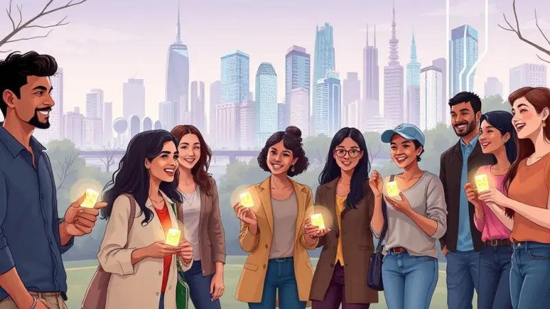 مجموعة متنوعة من الأشخاص من خلفيات مختلفة يتلقون دفعات نقدية صغيرة ومنتظمة في مدينة مستقبلية متقدمة تكنولوجياً، مما يرمز إلى الدخل الأساسي الشامل ودوره في مجتمع يتأثر بالذكاء الاصطناعي.