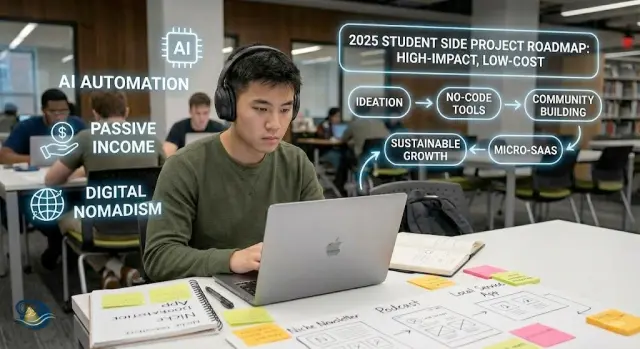طالب يعمل على جهاز كمبيوتر محمول محاطاً بمفاهيم رقمية وريادية، توضح خارطة طريق لمشاريع جانبية للطلاب ذات تأثير عالٍ وتكلفة منخفضة في عام 2025.