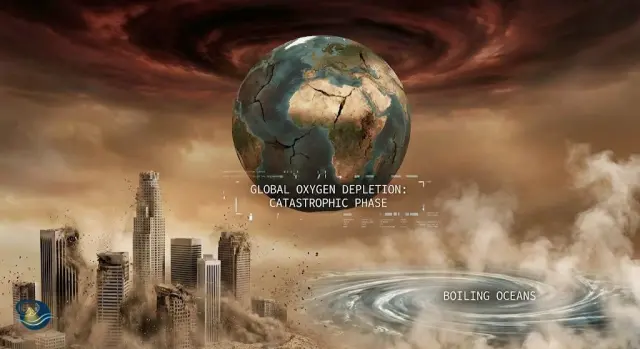 صورة مفاهيمية للأرض وهي تمر بتغيرات كارثية بسبب اختفاء الأكسجين، مع انهيار المباني، وغليان المحيطات، وتحول السماء إلى الظلام.