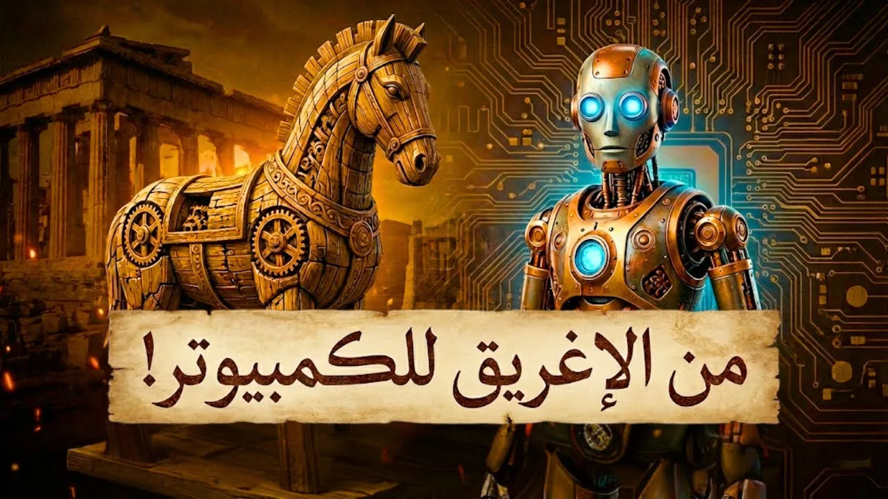 صورة بصرية لافتة تصور شفرات رقمية تتشابك مع قطع أثرية تاريخية قديمة، ترمز إلى دمج التكنولوجيا والتاريخ في الأمن السيبراني. في المقدمة، أيقونات دقيقة تمثل برمجيات الفدية، وتهديدات الجوال، والذكاء الاصطناعي مدمجة في الشفرة، مع خلفية تلمح إلى الأساطير اليونانية الكلاسيكية وأجهزة الحوسبة المبكرة.