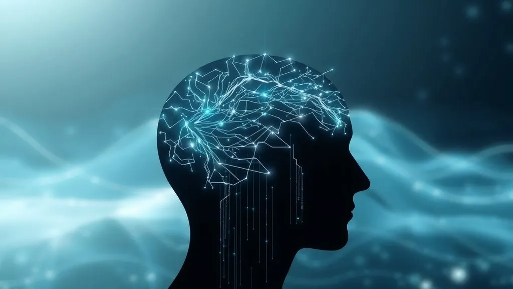 صورة مستقبلية وأثيرية تظهر تدفقات بيانات رقمية تشكل خيال رأس بشري، مع خطوط متوهجة تمثل الشبكات العصبية، خلفية لمناظر طبيعية رقمية هادئة.